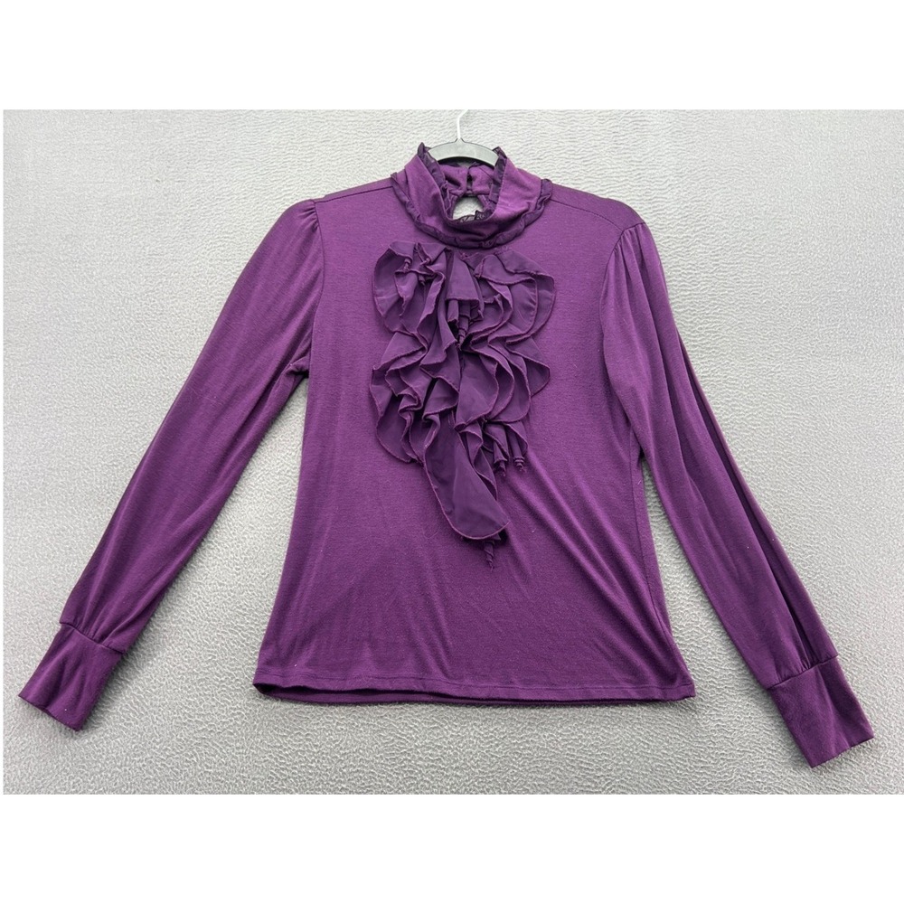 VTG 5-7-9 Purple Blouse Womens Ruffle Jabot High Neck Long Sleeve Sz M
